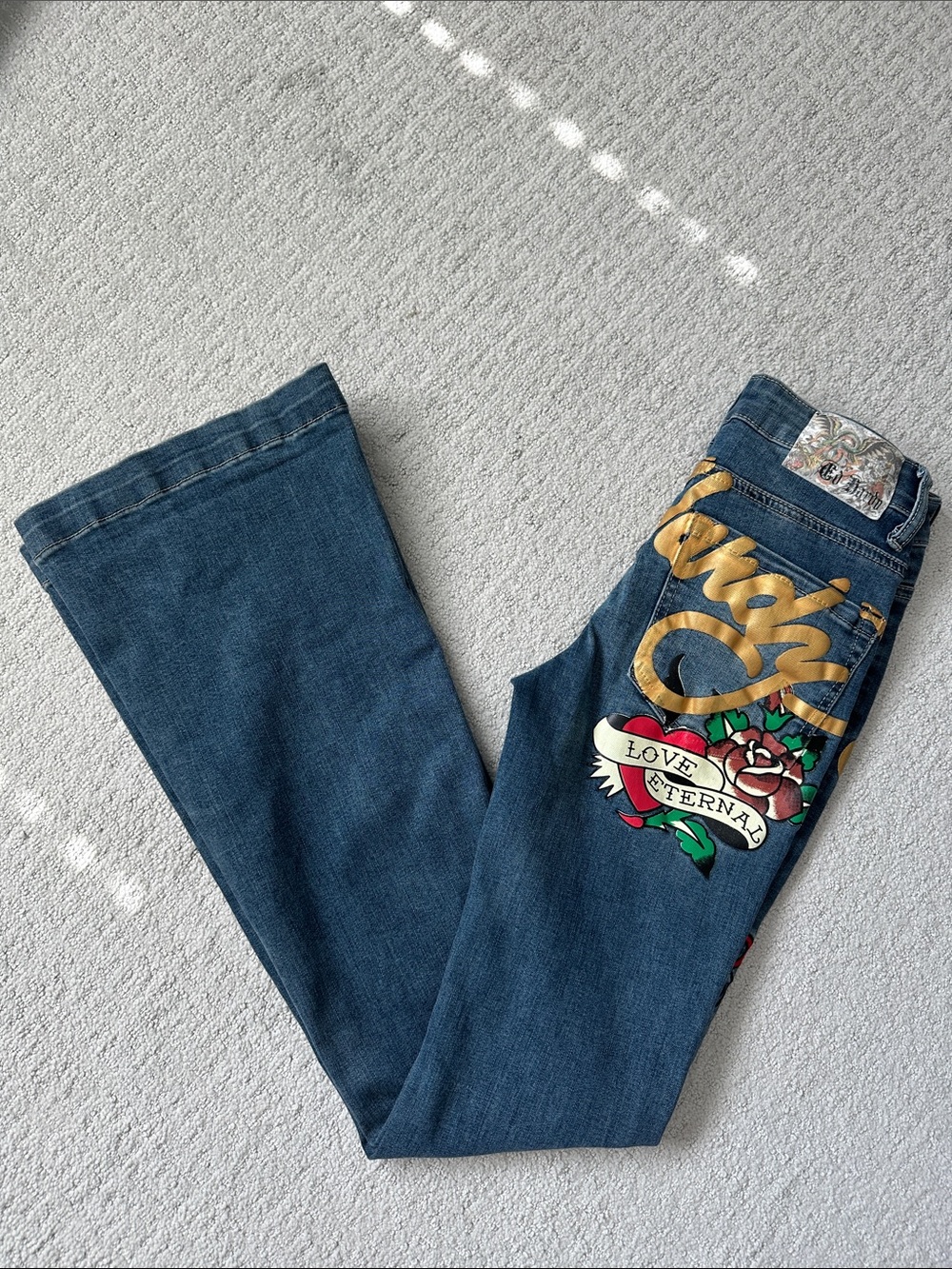 Ed Hardy Y2K Blue Denim Flare Jeans with Gold Script & Rose Patch